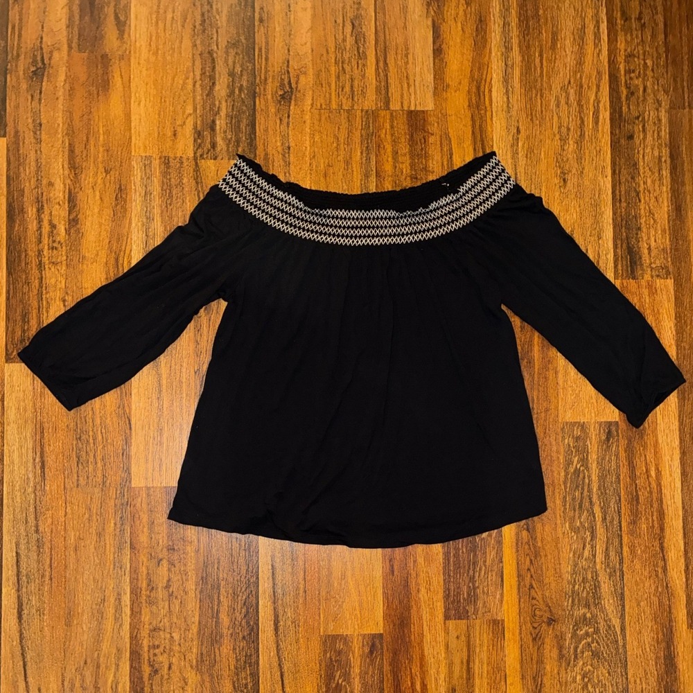 Old Navy Womens XL Black Off The Shoulder Smocked Neckline 3/4 Sleeve Blouse